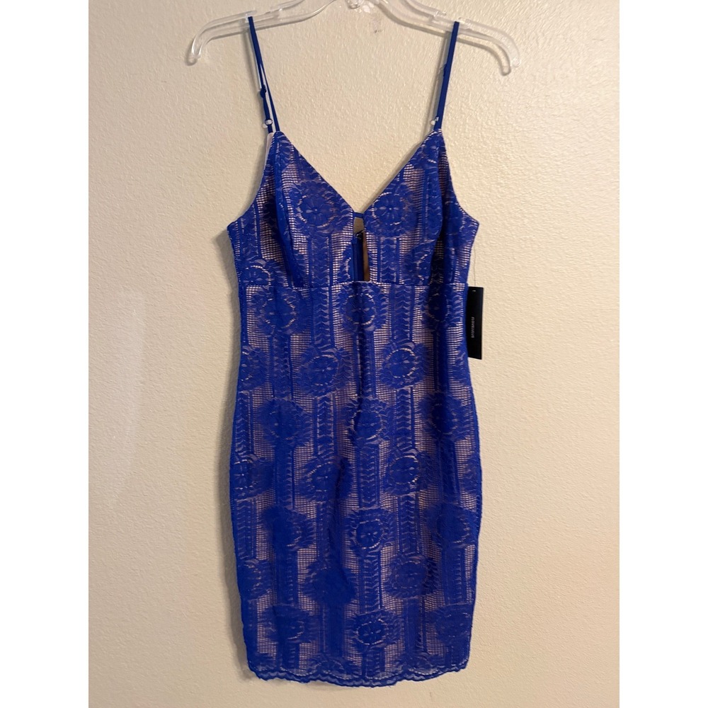 Lulus Royal Blue Lace Bodycon Mini Dress Nude Lining V-Neck Medium NEW